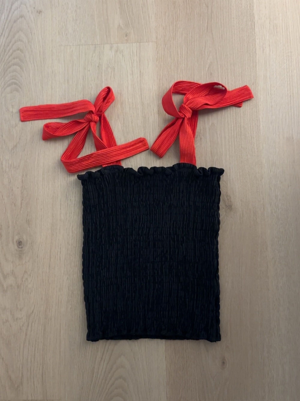 House of Wallace Black Smocked Tube Top with Red Strap Detail